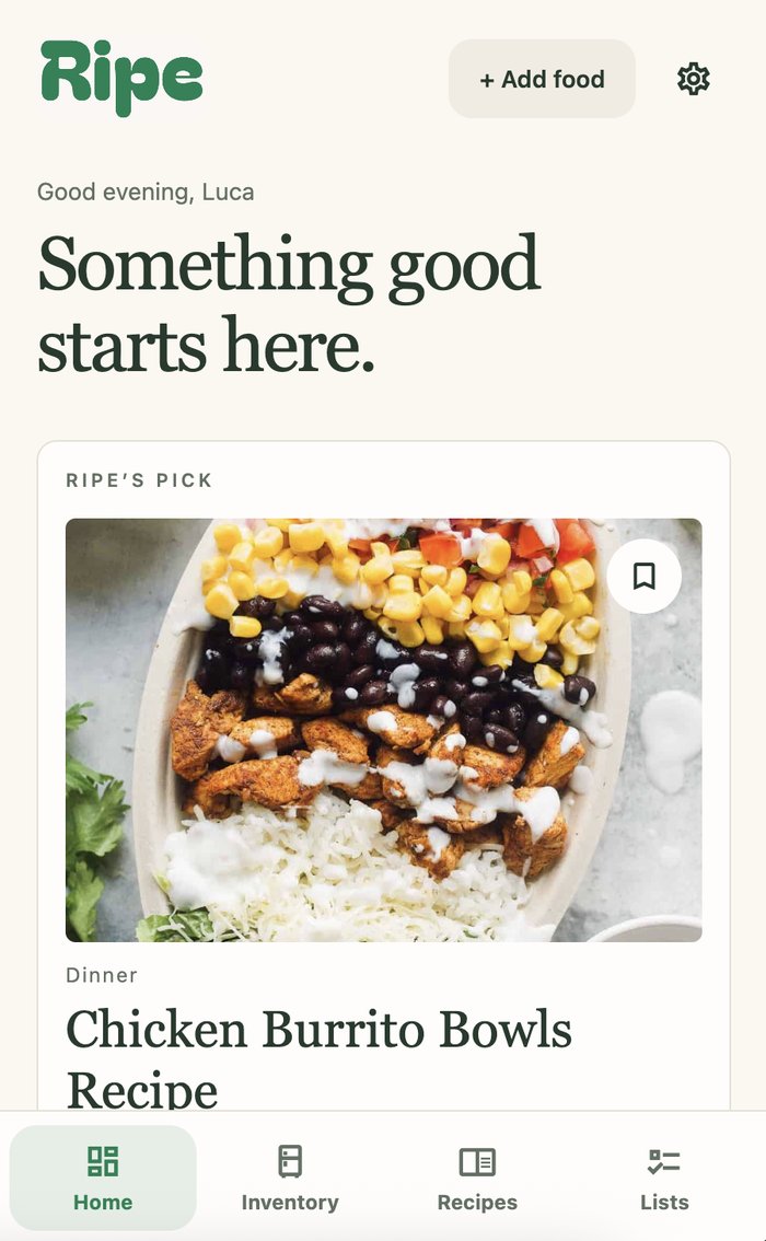 Ripe app dashboard showing inventory summary and recipe suggestions