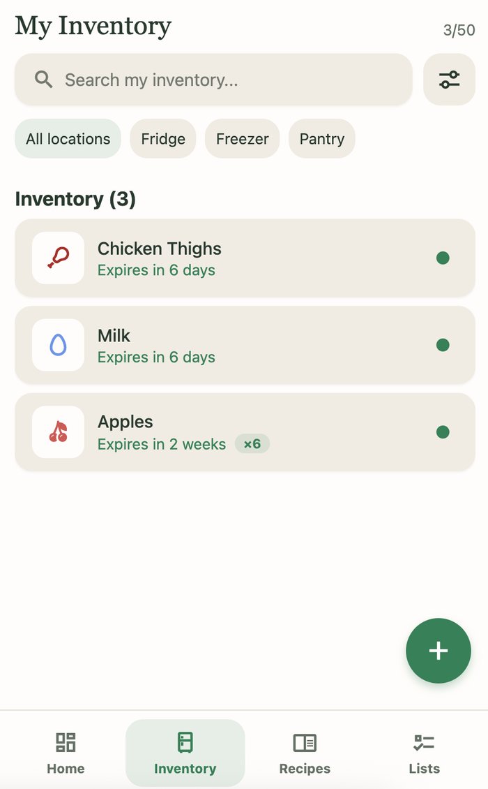 Ripe inventory screen showing tracked items with expiry dates