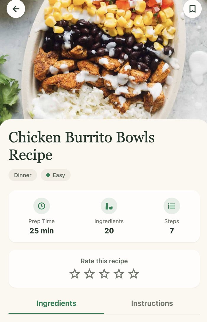 Ripe recipe detail screen showing prep time, ingredients, and steps